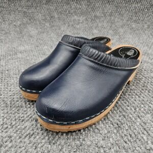 Trolls (Women's 36) Navy Blue Leather Wooden Clog Mules Made in Sweden Samhall